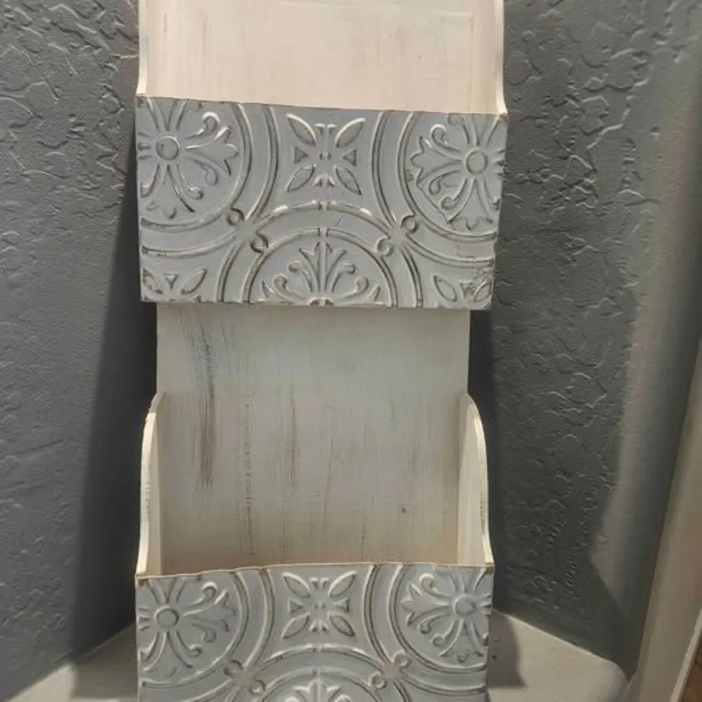 Distressed White 2-Tier Wooden and Metal Wall Mail Organizer 26